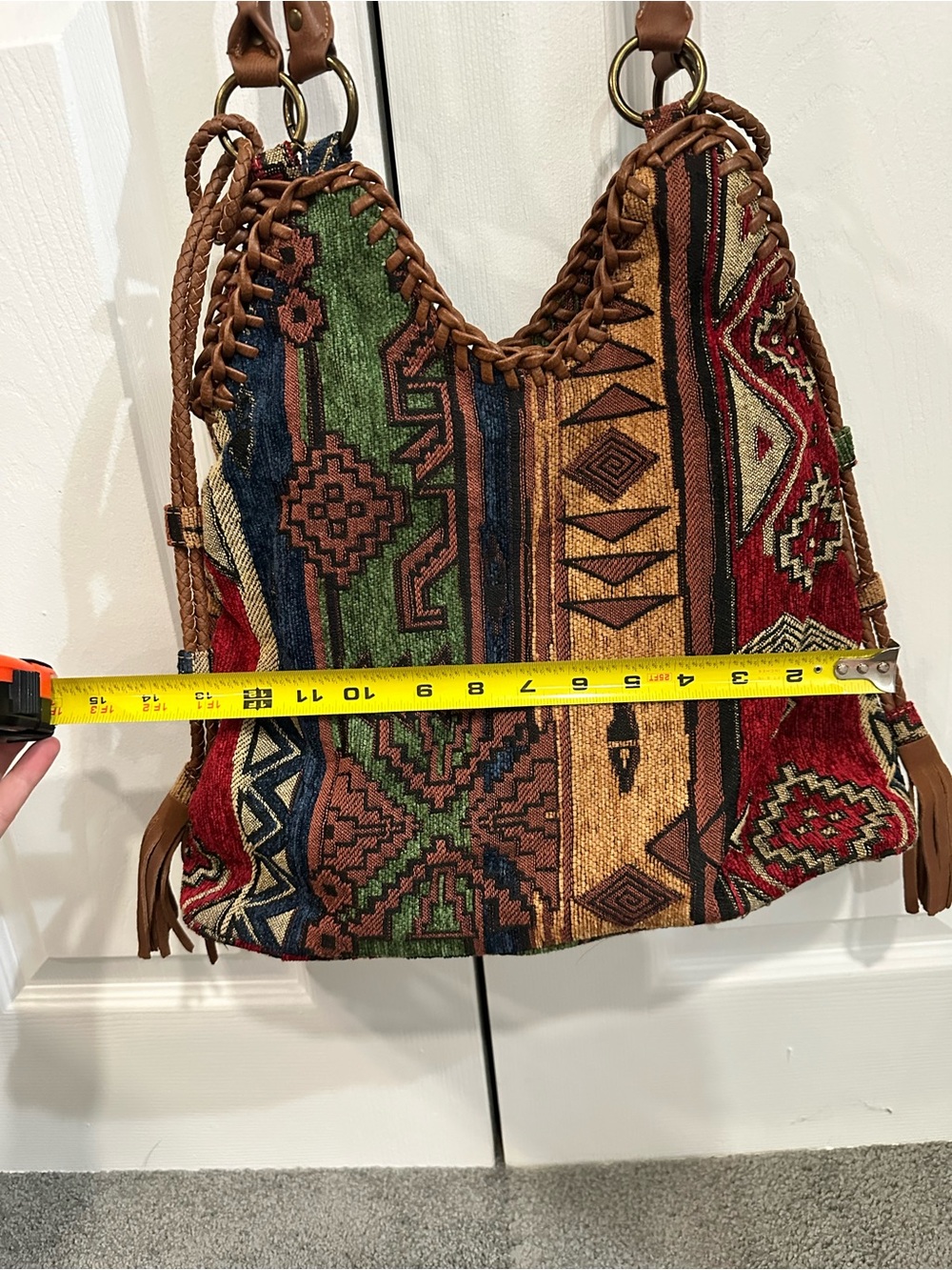 Bohemian Woven Shoulder Bag in Red, Green & Tan - Picture 5 of 9